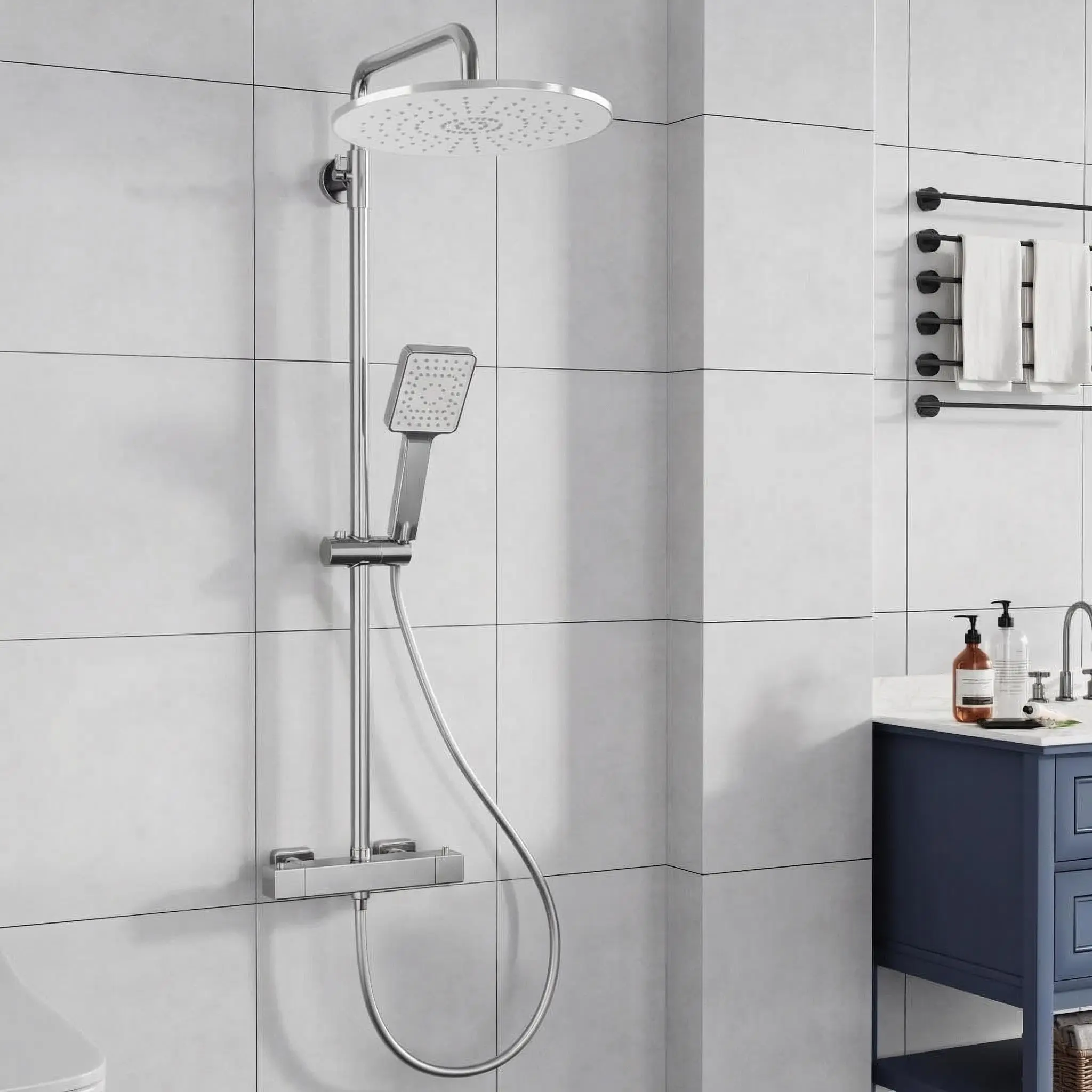 1 set di rubinetti per doccia termostatici con sistema anti-scottatura – realizzati in lega di zinco e con tubi in PPA, sistema doccia a doppia uscita con soffione quadrato in plastica da 30 x 20 cm,
