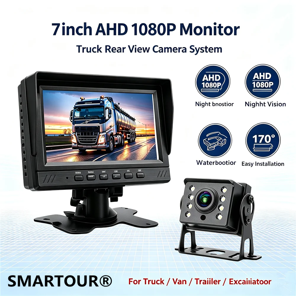 7 Inch AHD 1080P Truck Rear View Camera Monitor System 2 Video Input Waterproof Night Vision Backup Camera For Truck Bus Excavat