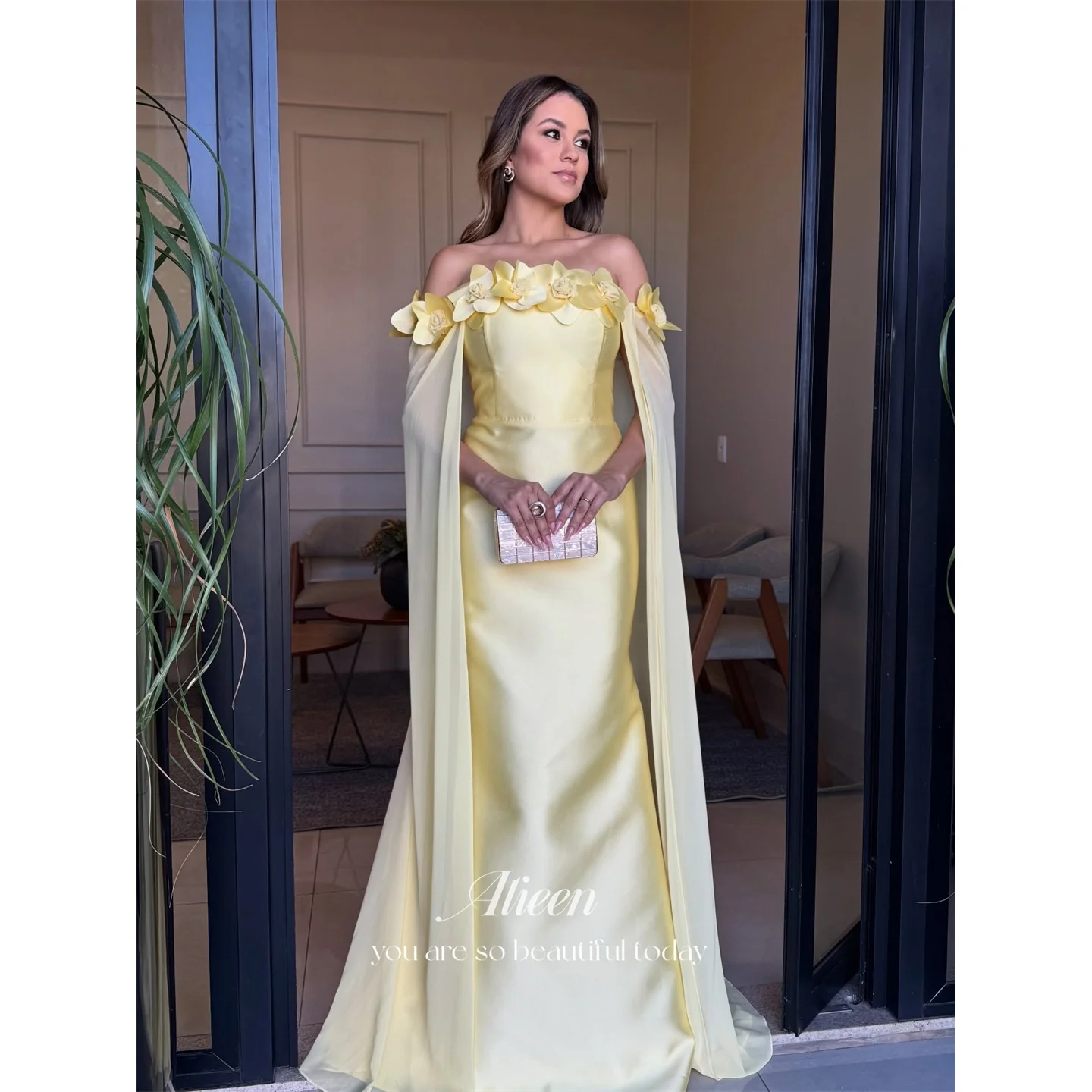 

Aileen Satin Strapless Yellow A-Line Evening Dress 2026 Prom Dress Elegant Women Sweet 3D Flowers Customized Robes de Soirée