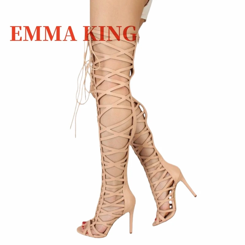 2025 عبر تعادل فوق الركبة صنادل طراز جلاديتور طويلة للنساء أحذية الصيف المفتوحة تو انقطاع مثير عالية الكعب أحذية صناديل للنساء