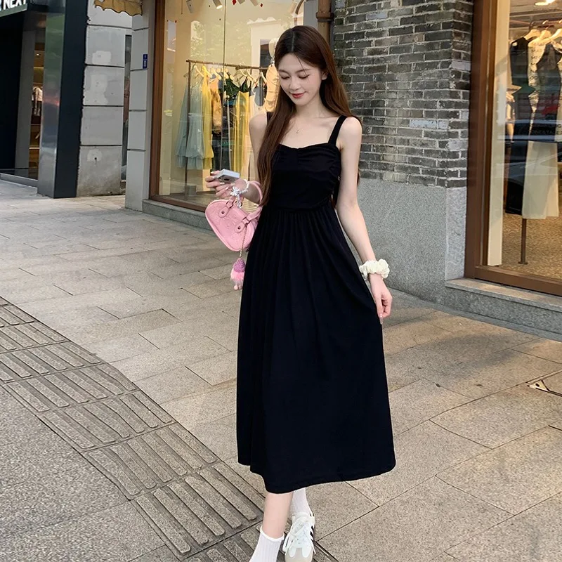 M-3XL Sleeveless Dresses Women Solid Folds Mid-length Korean Fashion Casual Daily All-match Simple Sweet Sexy Girls Summer Mujer