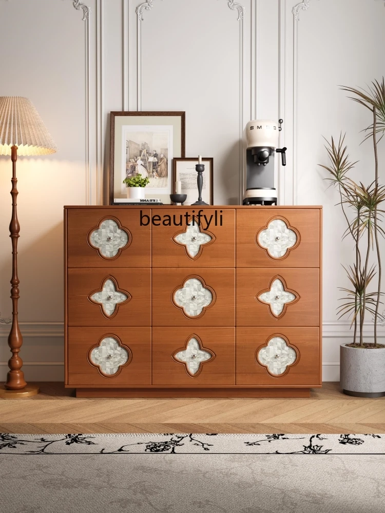 

French Retro Solid Wood Sideboard Living Room Storage Organizer Designer Entrance Cabinet Mid-Ancient Chest of Drawers