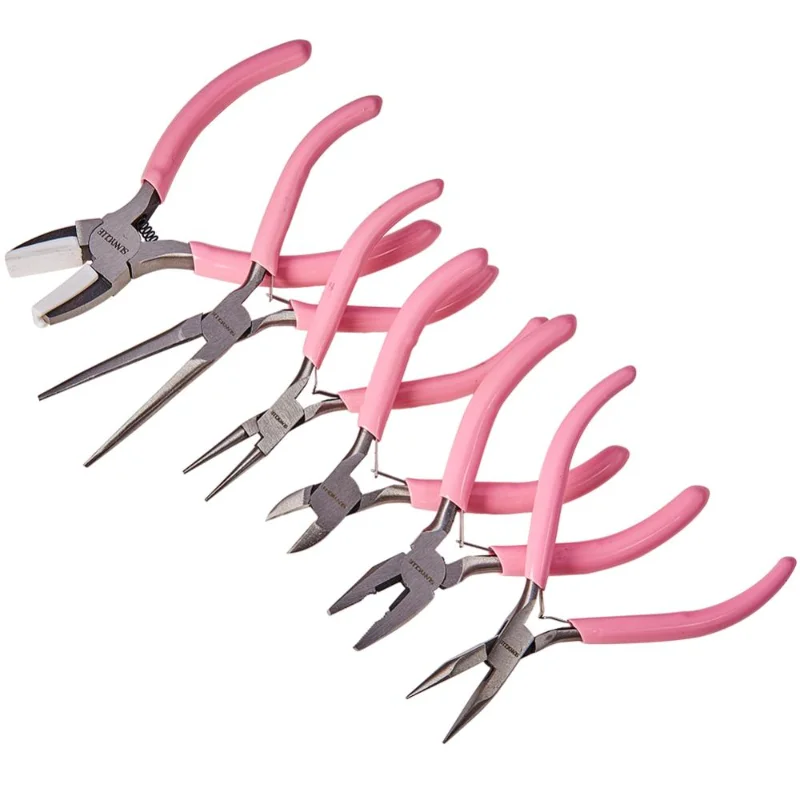 6pcs 45# Carbon Steel Jewelry Pliers Pink Anti-slip Handle Fixing Tools for DIY Jewelry Making Handmade Accessories Hand Tool