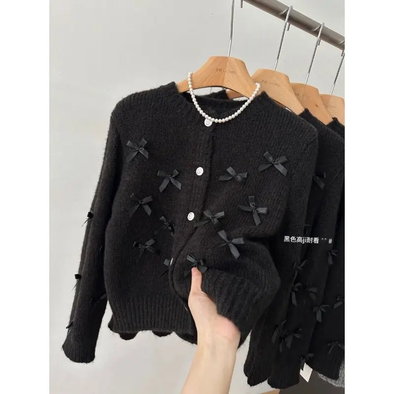 Spring and Autumn Xiaoxiangfeng Butterfly Knot Knitted Sweater Top Design Sense Heavy Industry Short Knitted Sweater Cardigan