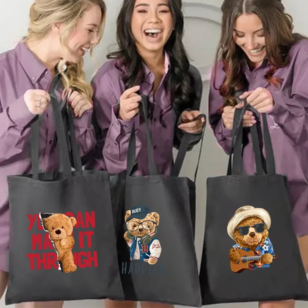 

Kawaii Y2k Shopping Bag Handbag Foldable Women's Canvas Bear Pattern Shoulder Bag Fashionable New Handbag Cute Miscellaneous Bag