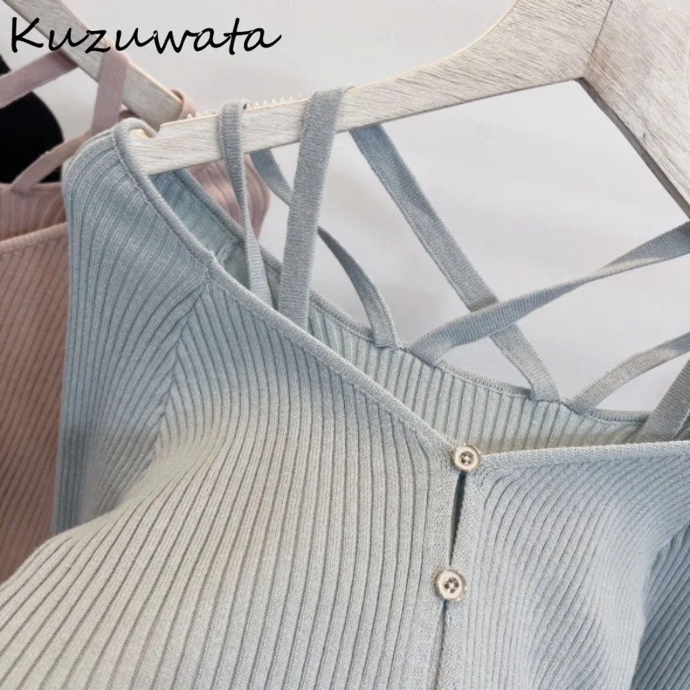 Kuzuwata Sexy Long Sleeve Square Collar Temperament Sweaters Lace Up Off Shoulder Elegant Knitwear Japan Fake Two-piece Set Tops