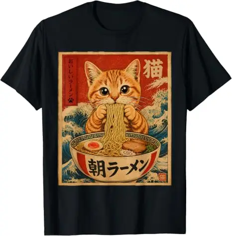 Lustiges Katzen-Ramen-Grafik Retro Japanisches Kawaii Anime Nudel T-Shirt Y2k Cartoon Weiches Baumwoll-T-Shirt für Frauen Männer Harajuku Tees – Detail 16