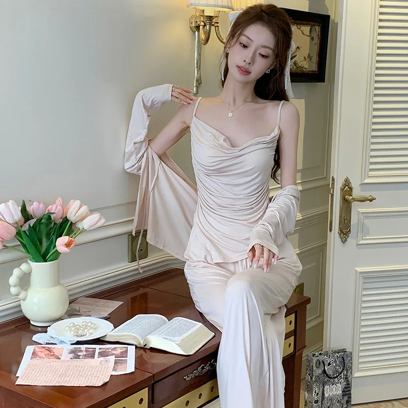 French Pajamas Women's 2024 Spring Autumn Sling Vest Sleepwear with Chest Pad Three-piece Set Loungewear Nightdress