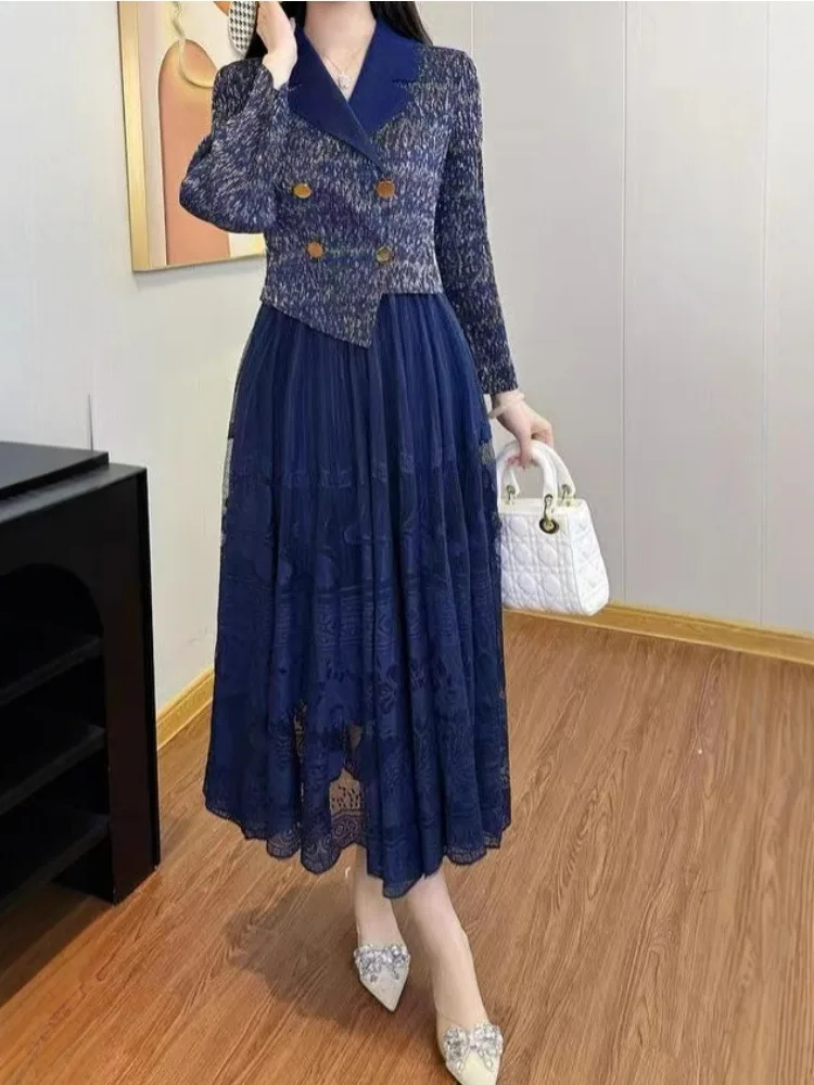 

Miyake, бронзовое кружевное платье, новинка 2025, плиссированное легкое роскошное женское платье, темпераментное женское длинное платье