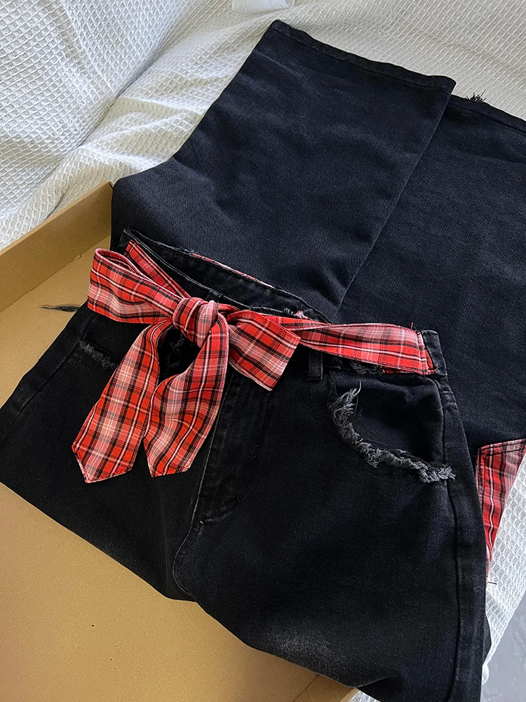 Jean taille haute à carreaux pour femmes, teinture par nouage, jambes larges, pantalon américain, petite taille, longueur au sol, printemps automne
