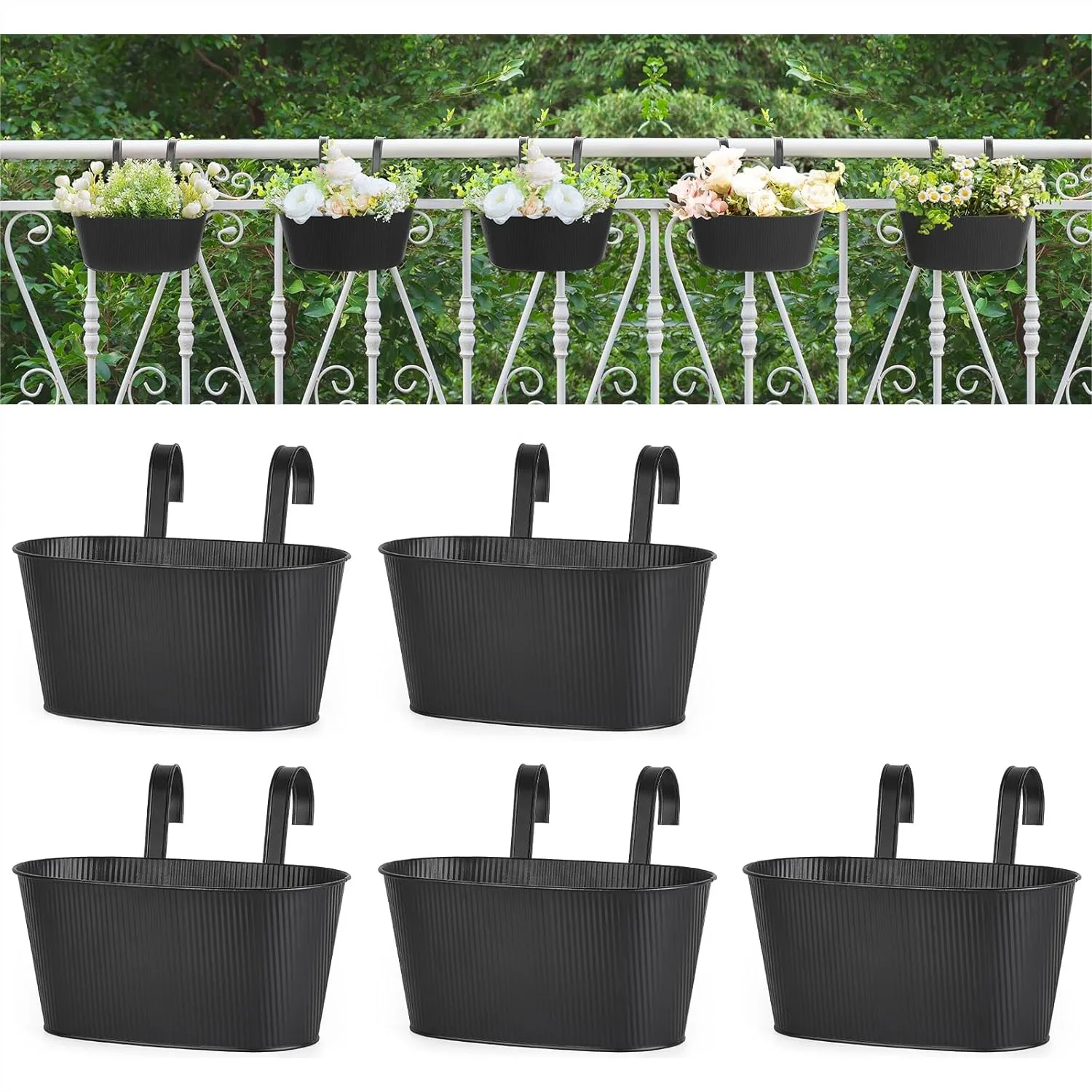 

Metal Railing Planter Box 5 Pack for Balcony Outdoor Plants with Detachable Hooks and Drain Holes