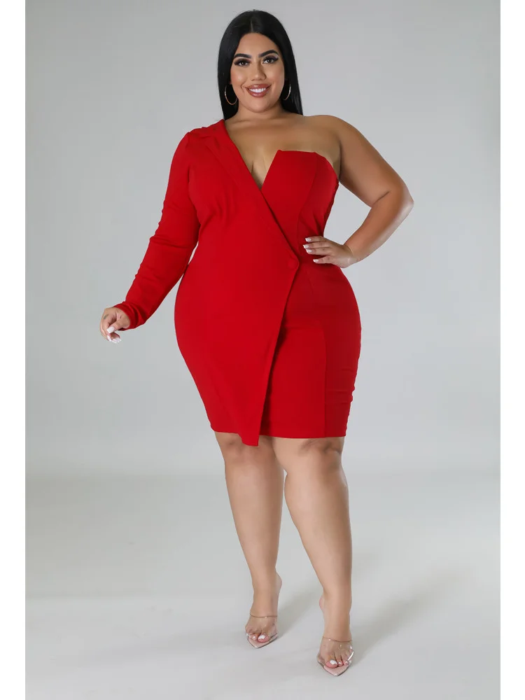 Wmstar Plus Size Dresses Women 2022 Single Long Sleeve V Neck Solid Sexy Mini Suit Dress Party Dresses Wholesale Dropshipping