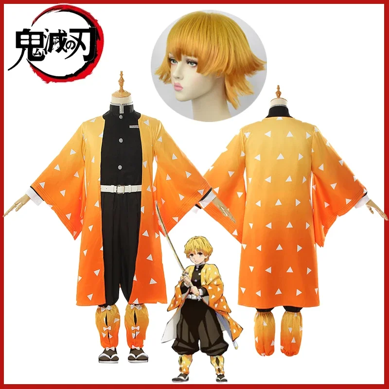 Agatsuma Zenitsu Cosplay Costume Anime Demon Slayer Kimono Party Uniform Kimetsu no Yaiba Devil Hunter Clothes For Child Adult