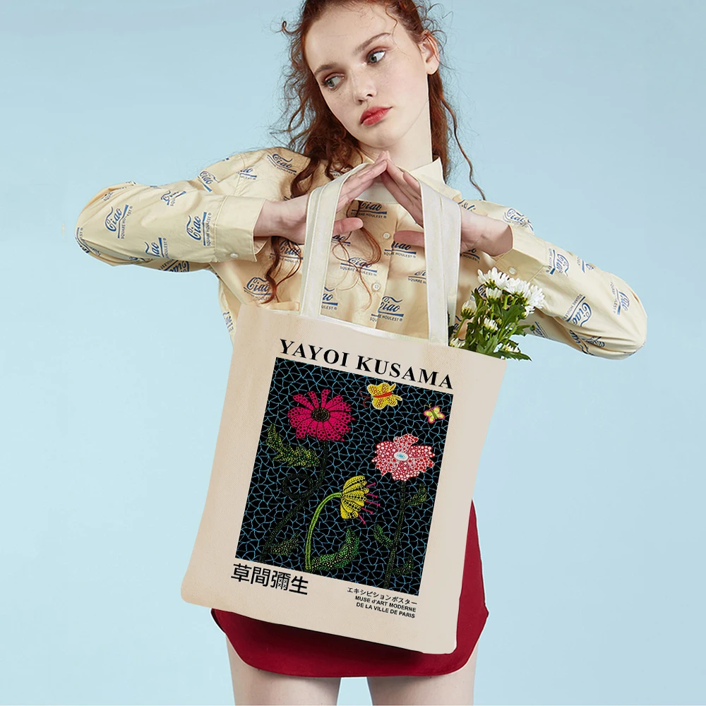 Yayoi Kusama Art Shopping Bag for Women Both Sided Japanese Abstract Casual Shopper Bags Lady Canvas Tote Travel Handbag