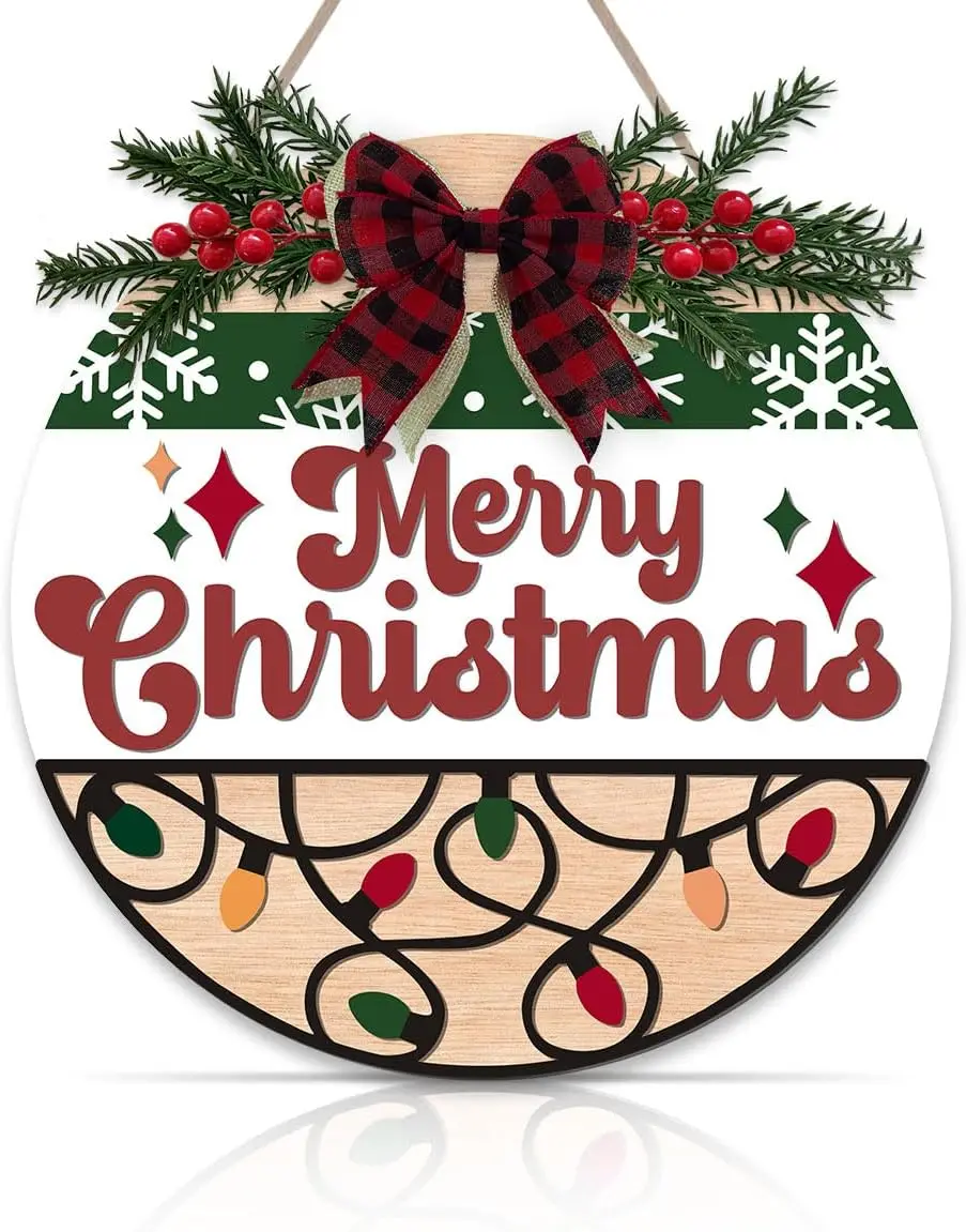 

Merry Christmas Wreath Wooden Sign 12x12 inch Bright Christmas Welcome Front Door Hanger, Xmas Winter Holiday Decorative