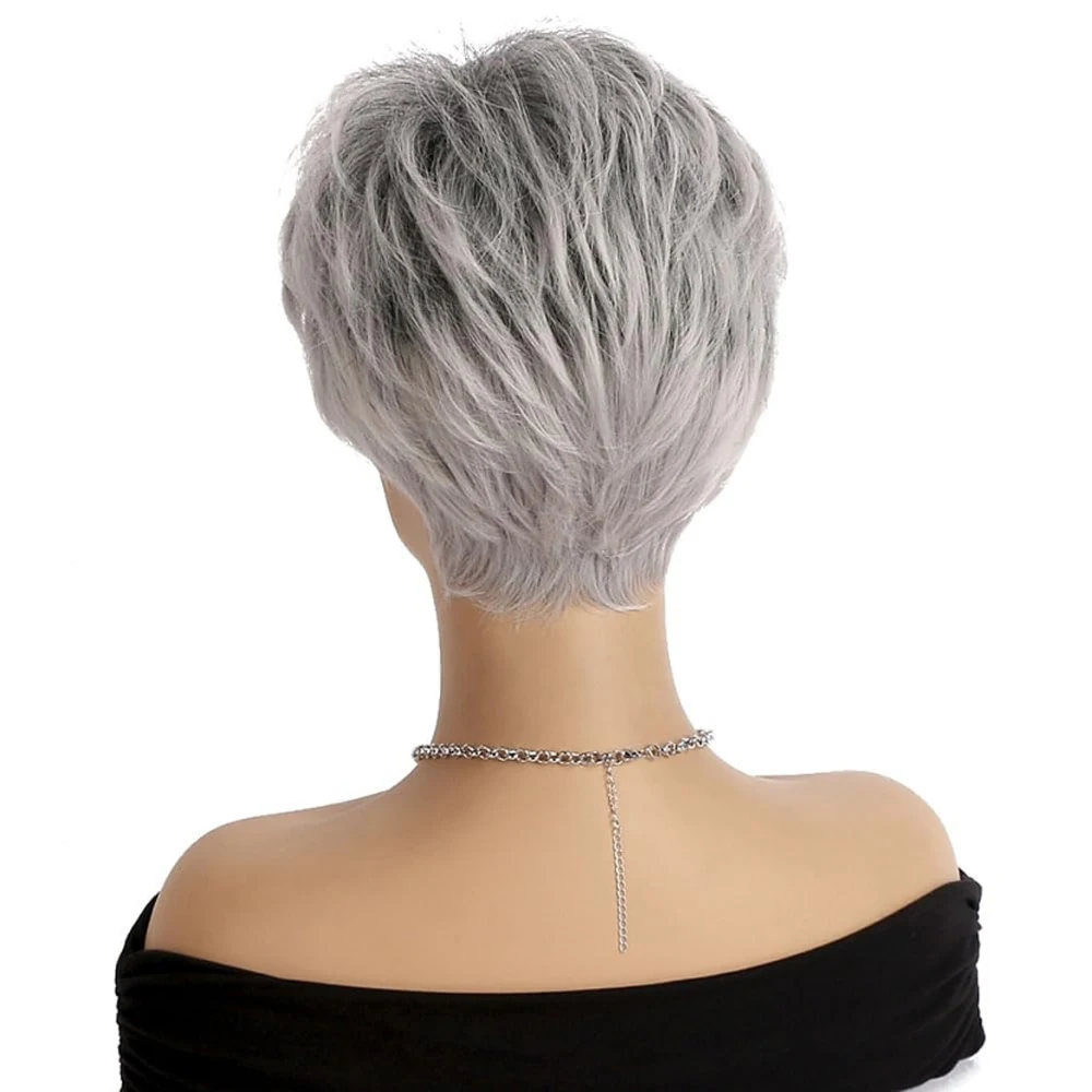 Hairjoy cabelo sintético feminino curto reto prata cinza branco peruca traje cosplay peruca