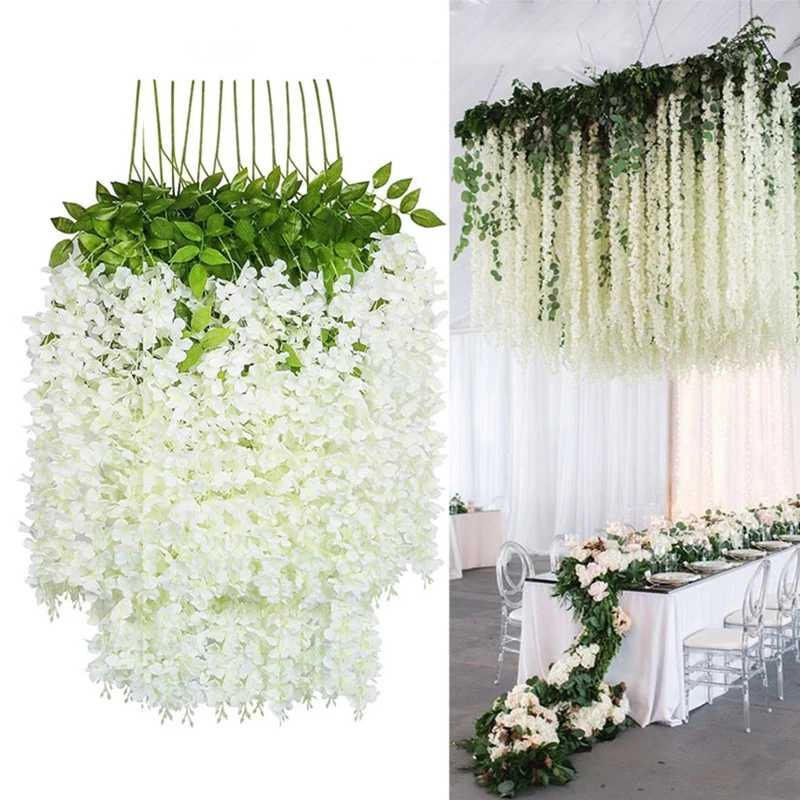 Artificial Wisteria Flores String, Guirlanda de suspensão, Decoração ao ar livre do arco do jardim do casamento, Decoração Home Party, Flor Falsa, 12Pcs