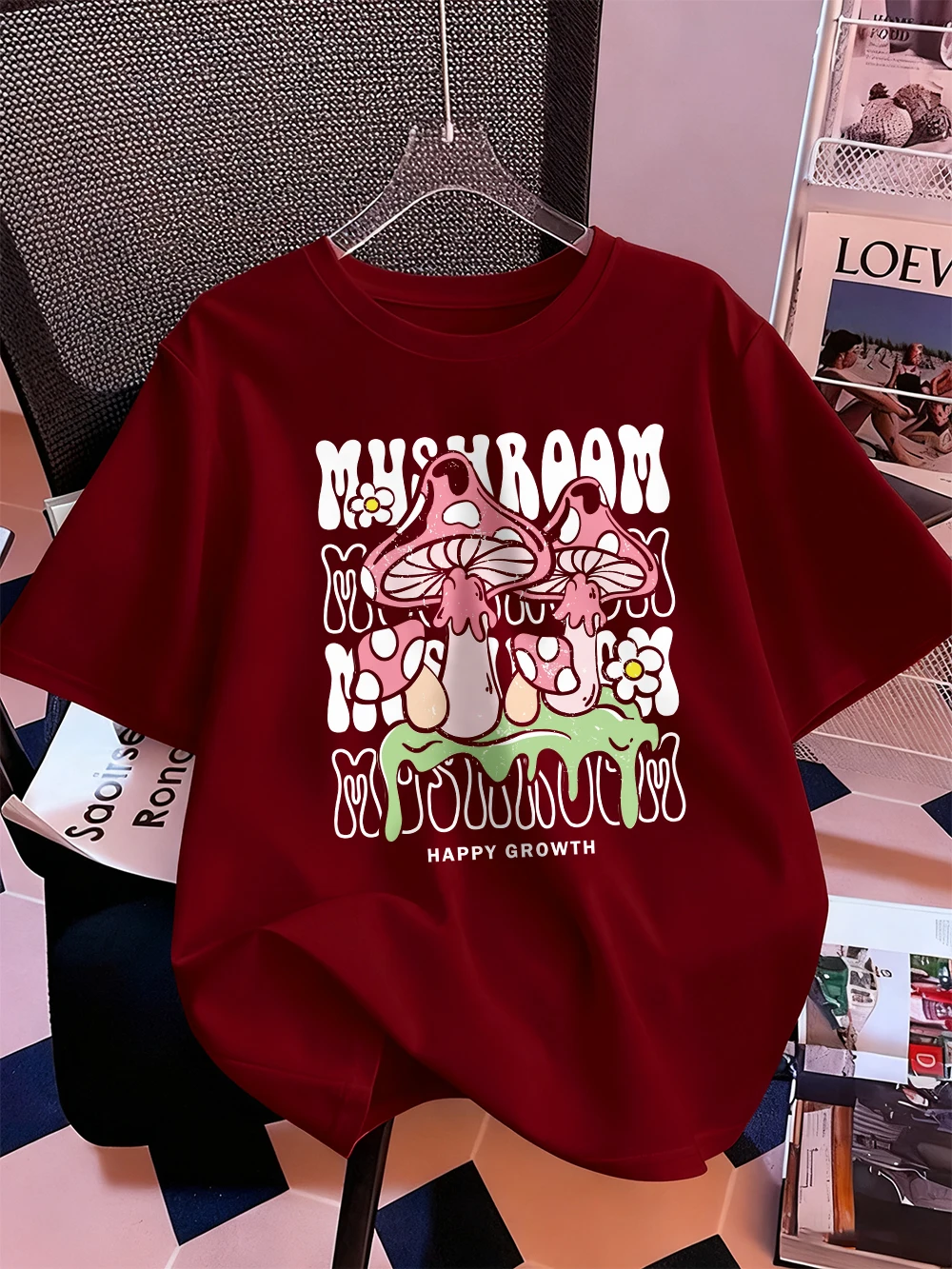 

Creative Mushroom Letter Prints T-Shirts Womens Summer Cotton Short Sleeve Tops Loose O-Neck Comfortable T Shirt Casual Clothes