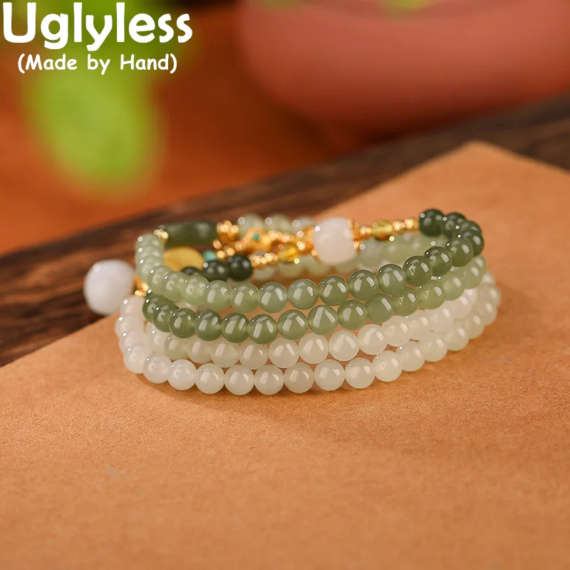 Uglyless Dual-use Natural Jade Bracelets Women Multi Loops/Circles Gemstones Necklaces Real 925 Sterling Silver Jewelry Amber