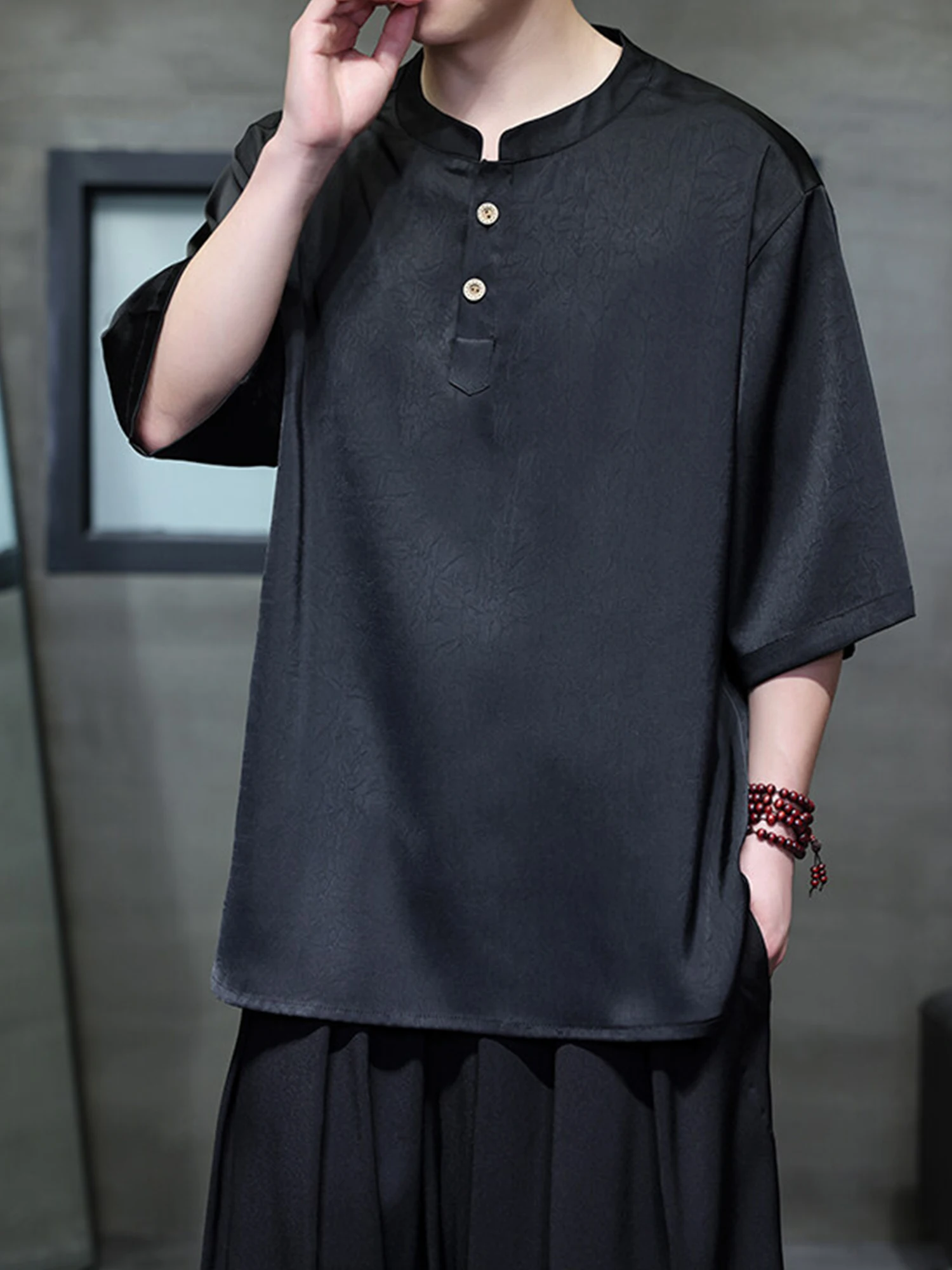 

Мужская футболка из ацетатного атласа и ледяного шелка с коротким рукавом, летняя, тонкая, свободного кроя, с рукавом до локтя, в винтажном китайском стиле, модный топ