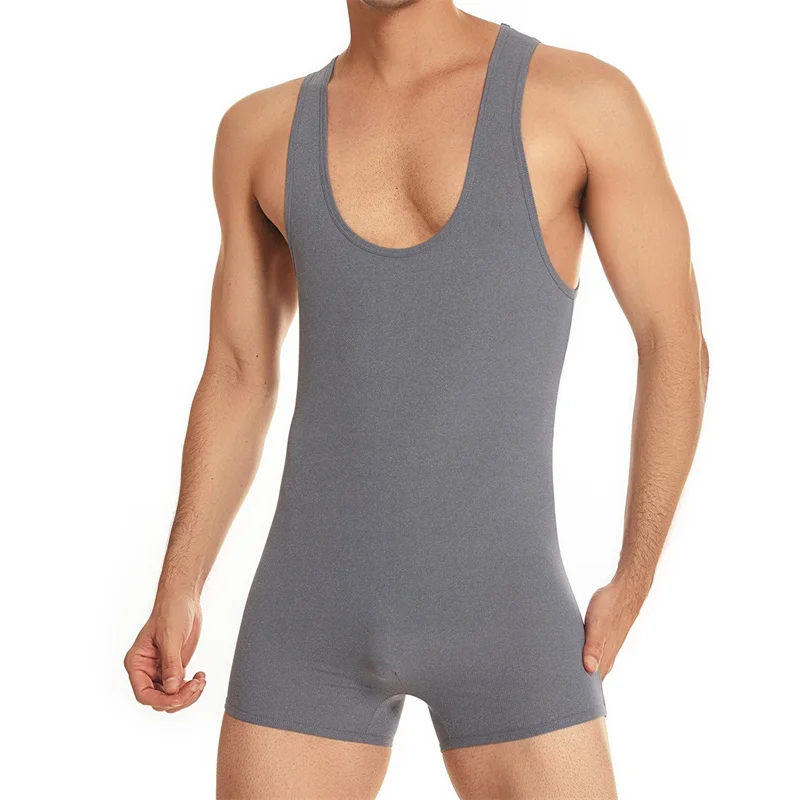 Men Undershirts Bodysuit Tight-fitting High-elastic Sports Wrestling Jumpsuits Gymnastics Nylon Deep Round Neck Undershirts