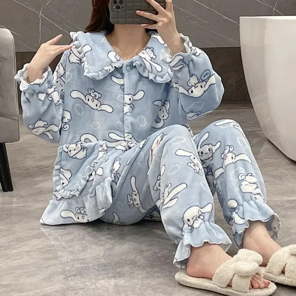 Kawaii Sanrioed 2 szt. Cinnamoroll piżama garnitur Homewear koralowy polar miękki kardigan Melody topy zestaw spodni kobiety pluszowa bielizna nocna