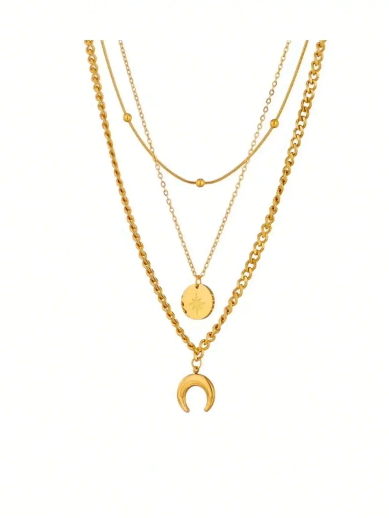 

Gold Plated Layered Chain Necklace with Disc and Crescent Charm