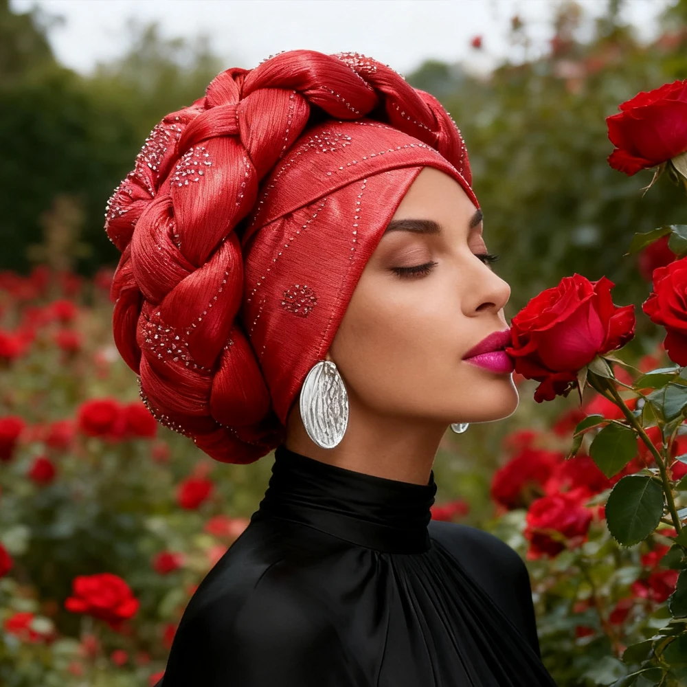 

African Colorful Diamonds Turban Cap for Women Braid Hijab Muslim Headscarf Auto Gele Headtie Nigeria Wedding Geles Bonnet Hats