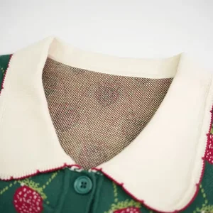 Pulôver Jacquard de manga comprida feminino, Tops de malha, Colarinho Peter Pan, Morango Verde, Jacquard, Jumper de Malha, Outono 10 principais vendas sueter gola peter pan - №1