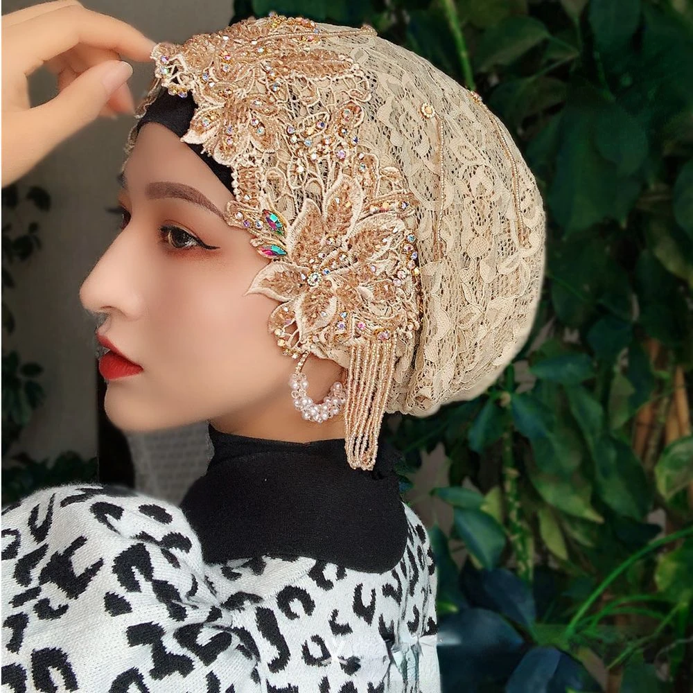 2023 Fashion Arab Luxury Muslim Hijabs Caps Embroidery Turban Hat Tassel Cap Wedding Head Wraps Women Dubai Islamic Headcover