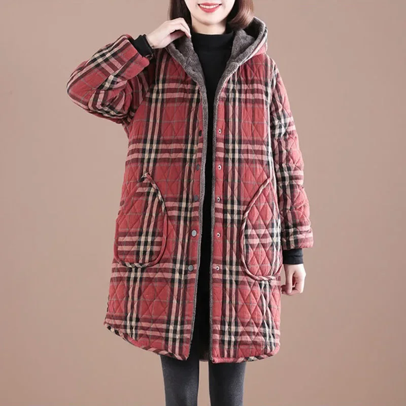 Women's Cotton Coat Parka Mid-Length Hooded Plaid Jacket Outerwear Winter Jacket Loose Add Velvet To Keep Warm Overcoat Female