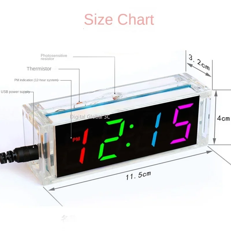 Kit de reloj de tubo Digital DIY, pantalla de semana LED Multicolor de temperatura con cubierta de caja transparente, Kit electrónico de bricolaje, montaje de soldadura