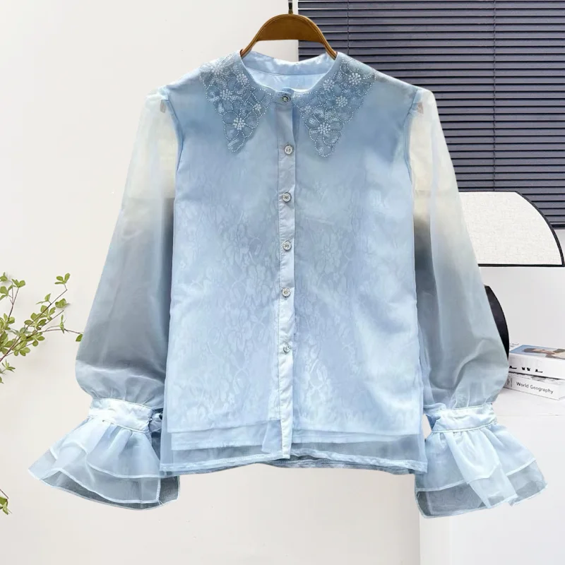 

New,European,Clothes,Loose,Blouse,Chic,Sexy,Single-breasted，Shiny,Beading,Patchwork,Women,Ruffles,Long Sleeve,Shirt,Tops,57024