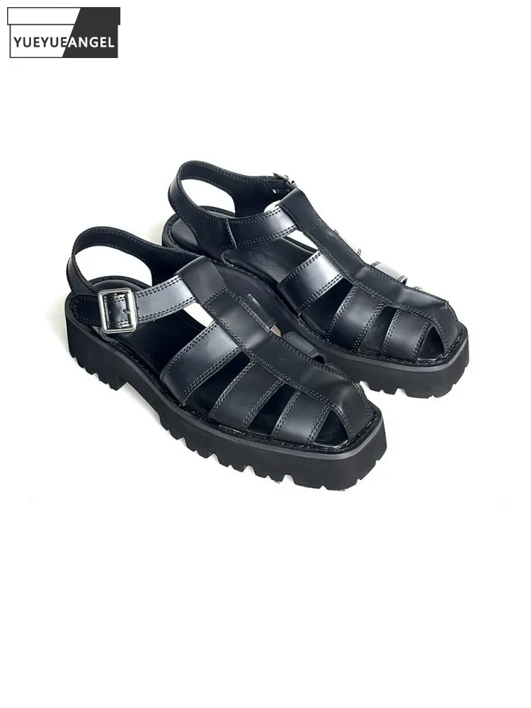 Leisure Male Mid Heel Buckle Hollow Out Cowhide Sandals Retro Gentleman Genuine Leather Black Strap Breathable Gladiator Shoes