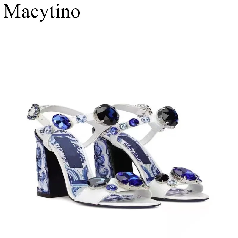 Luxury Diamond Crystal Decor Modern Sandals Women Blue And White Porcelain Print Ankle Strap Summer Shoes For Girls