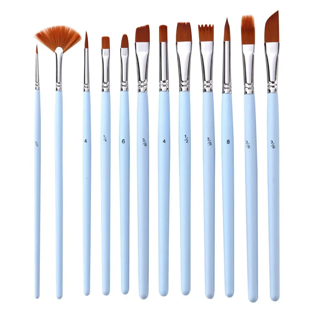 

12pcs Painting Brushes Set Durable Watercolor Oil Brush Nylon Hairs Wood Handle Metal Tube Flat Child Beginner Artist