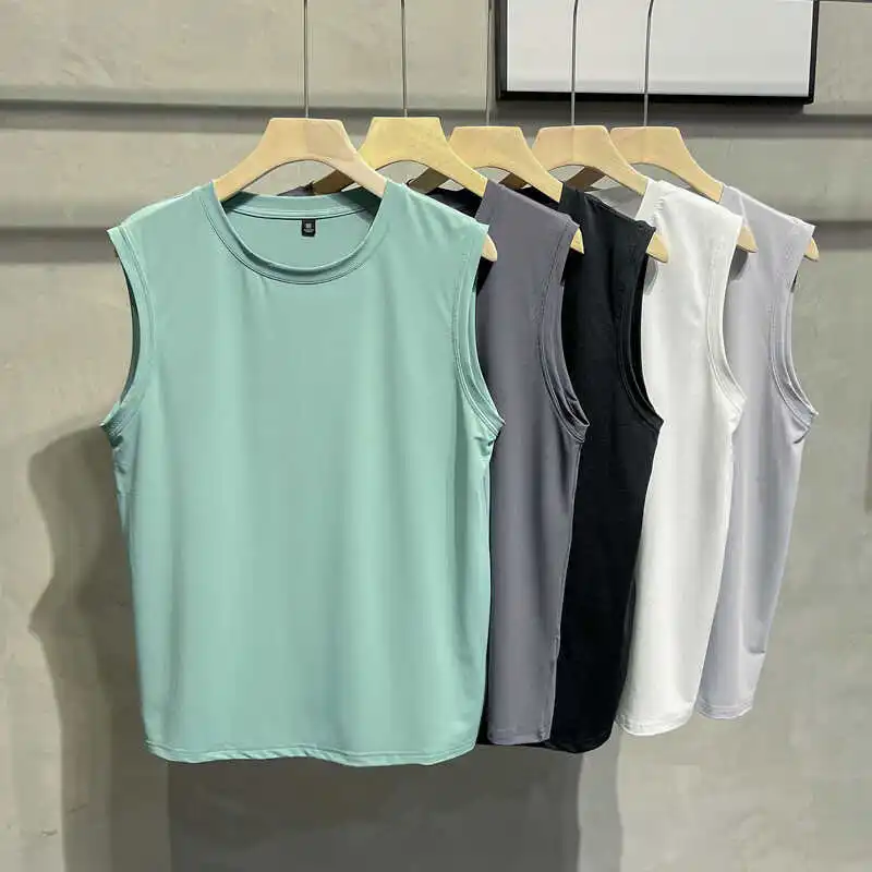 New Summer Ice Silk Breathable Sleeveless T-Shirt Men's Sporty Pure Color Youth Shoulder Pad Sweatshirt Loose Fit round Neck