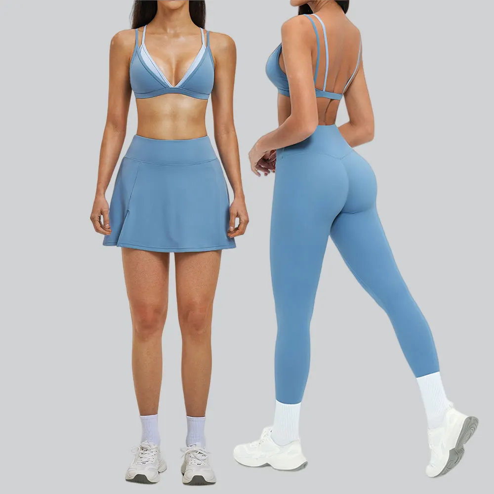 

Комплект для йоги из 2 предметов для женщин: спортивный бюстгальтер с эффектом двухслойности, теннисная юбка, дышащие быстросохнущие леггинсы, спортивный костюм для тренировок