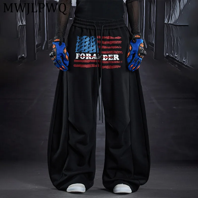 

MWJLPWQ мужские плиссированные свободные спортивные штаны в американском уличном стиле с принтом, повседневные широкие драпированные длинные брюки с принтом 12921