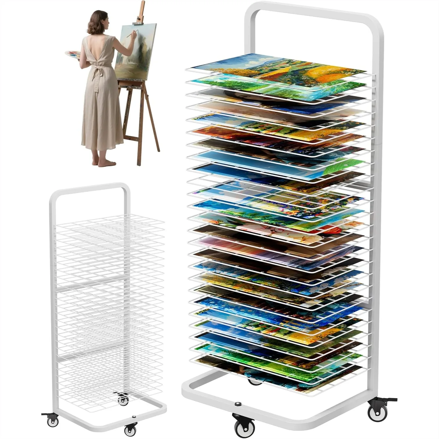 

Art Drying Rack with 25 Removable Shelves, Mobile Metal Stand with Lockable Wheels for Classrooms and Studios, White