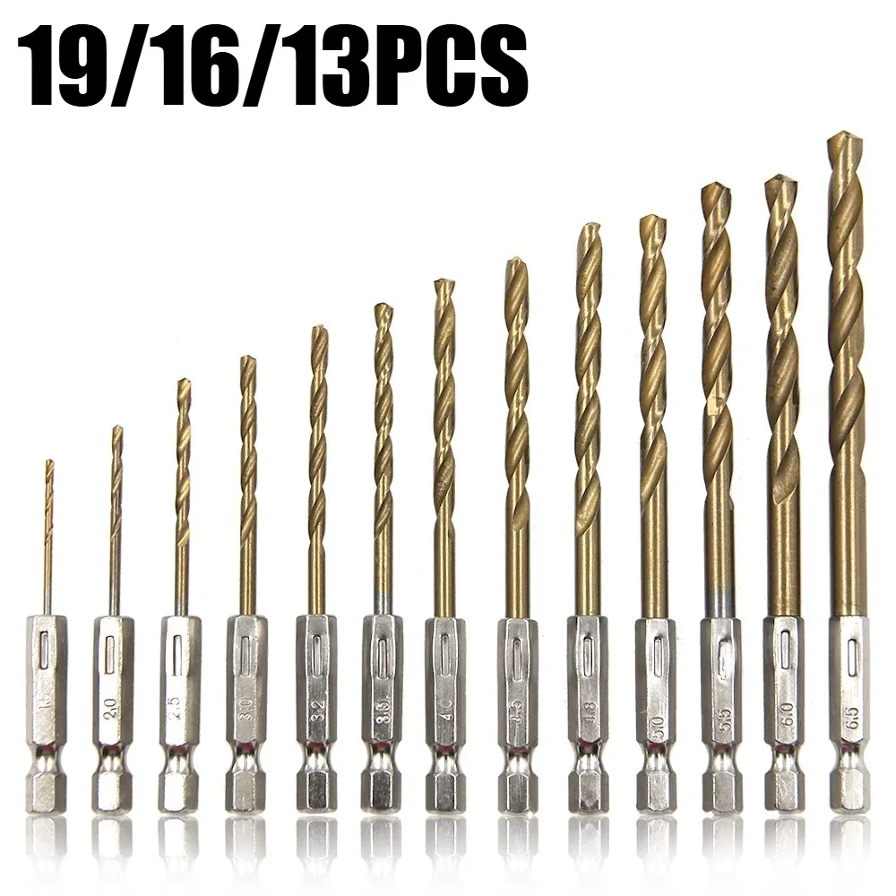

19/16/13PCS Hexagonal Titanium Plated Twist Drill 1.5-6.5mm Electric Drill Driver Drilling Air Screwdriver Tool Accessory Set