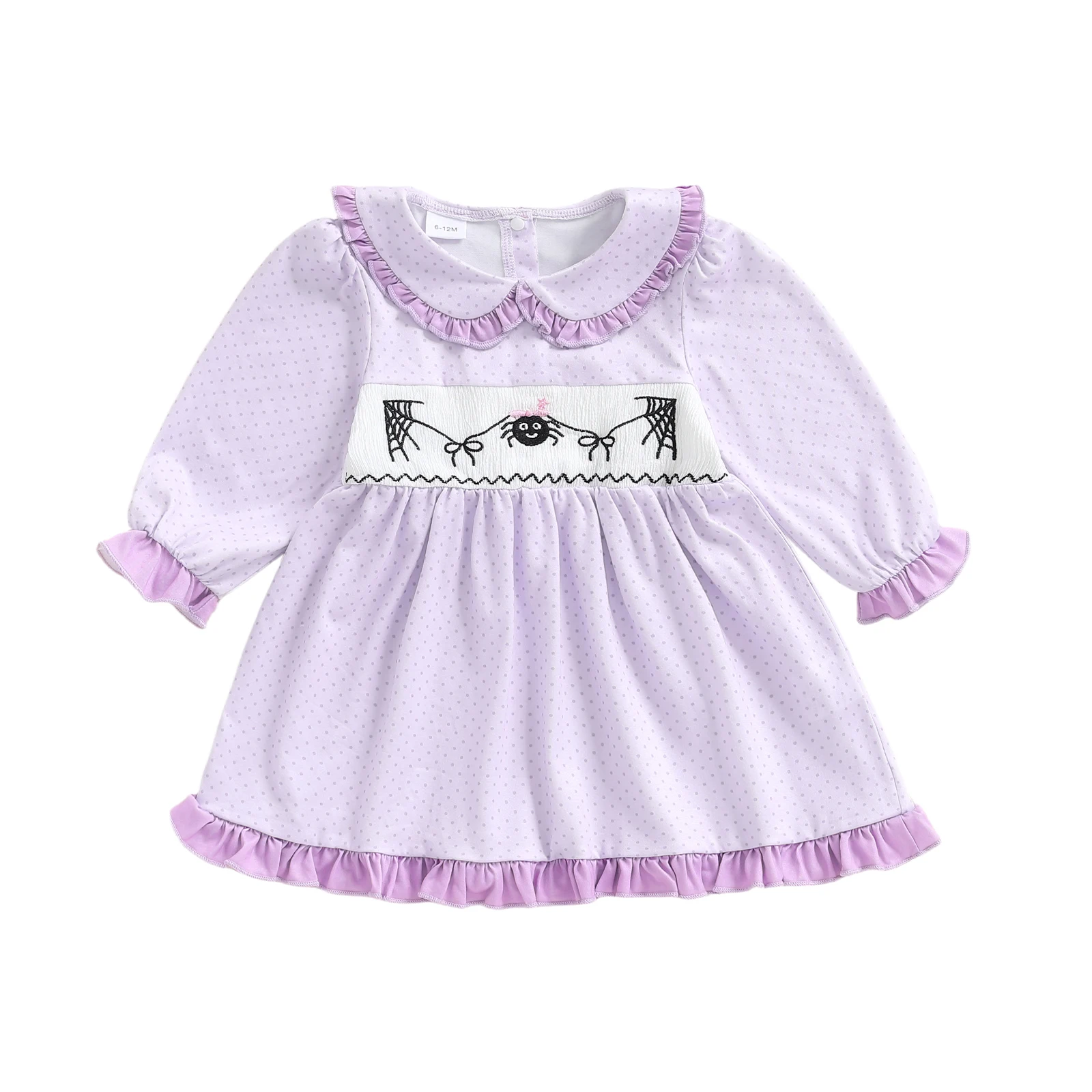 ชุดเดรสฮาโลวีนเด็กผู้หญิงน่ารักพร้อมคอตุ๊กตาปักลายจุดและแขนยาวระบาย - ทรงเอที่น่ารัก