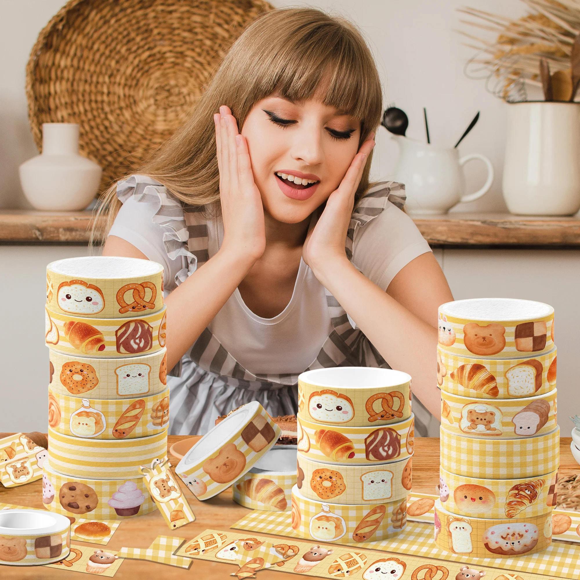 12 Rolls Bear Bread Pattern Washi Tape Set,Decorative Paper Stickers,Craft Tape for Scrapbooking Decoration Party Supplies - view 2