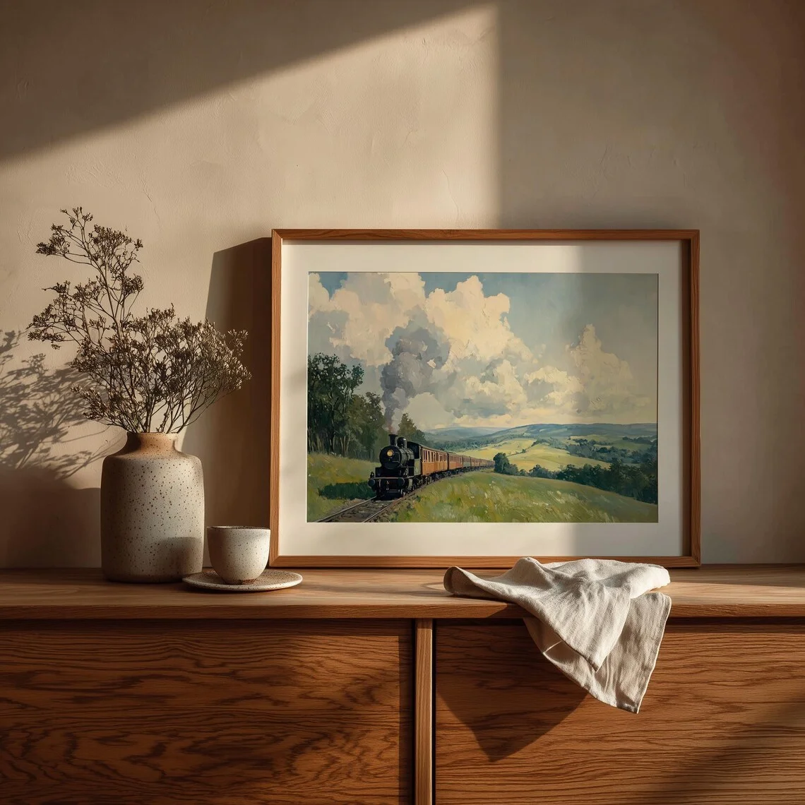 Steam Train Wall Art Print, Railway Decor Painting, Countryside Poster, Retro Artworks for Living Room Bedroom and Office