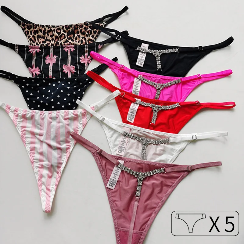 5Pcs Sexy Panties Women Briefs Crystal Rhinestones Thongs Diamonds Girls G String Sports Low Waist Shorts T-back Female Lingerie