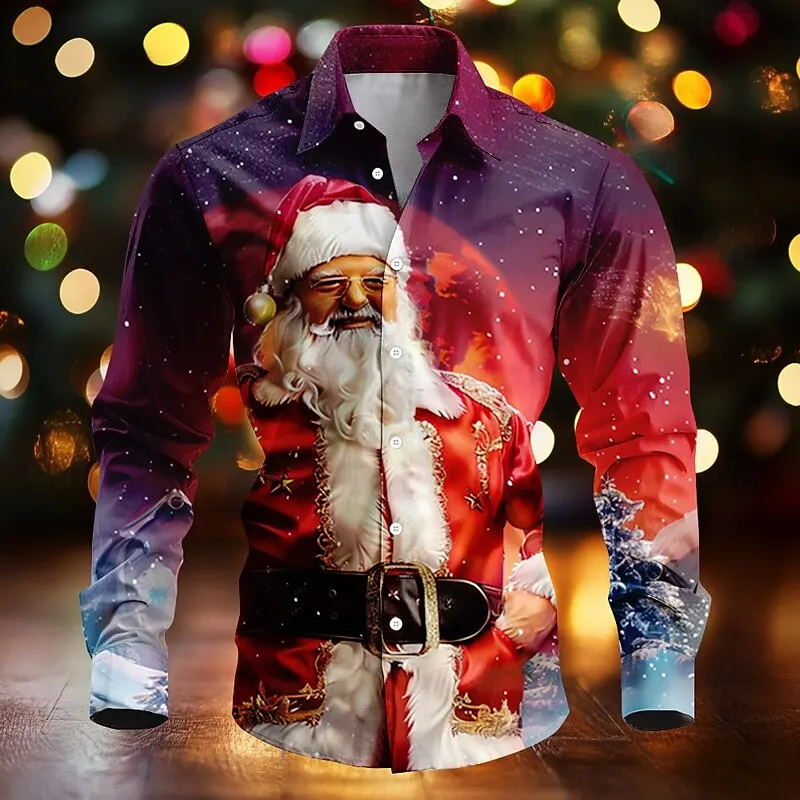 Men Fashion Long Sleeve Shirt Xmas Santa Snowflake Night Scene Graphic Print New Year Gathering Festival Top