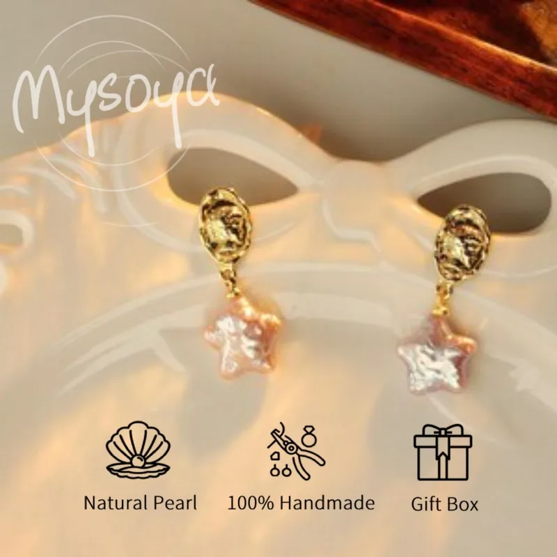 

MYSOYA Pink Purple Star Freshwater Pearl Earrings 10-11mm With Gift Box Gift For Her/Him, Birthday/Wedding/Christmas Gift
