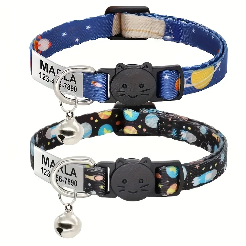 Custom Adjustable Space Planet Pattern Pet Collar Safety Buckle Nylon for Cats Small Dogs Engraved ID Tag Name Phone Address