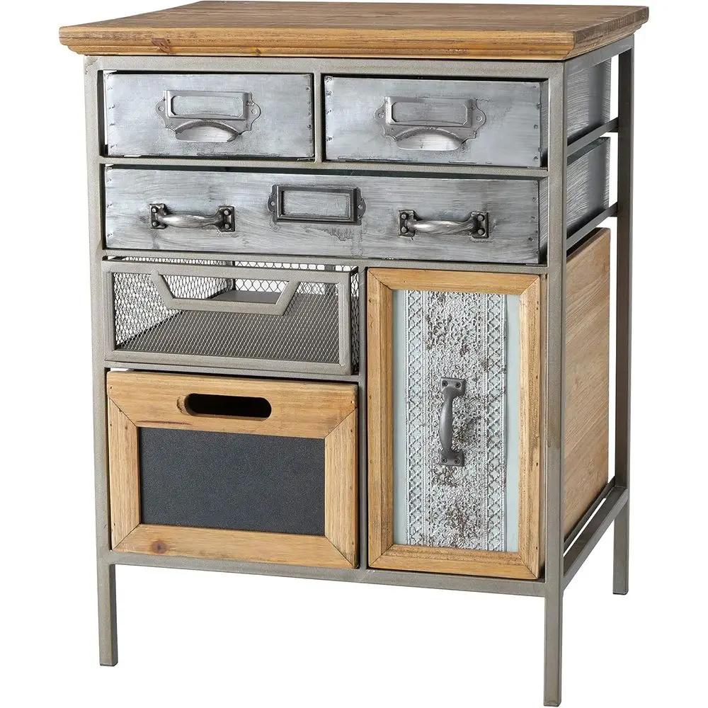 

Vintage-Style Industrial Nightstand with 3 Drawers and 3 Bins, Iron, Zinc-Coated Metal, Wooden, 21.75 Tall