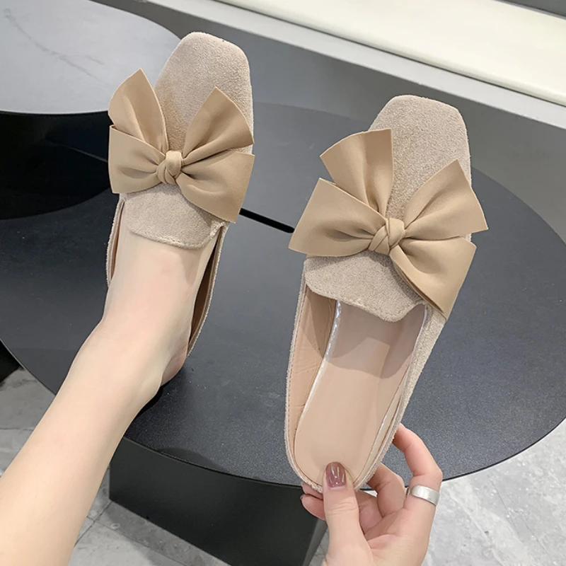 Women's Slippers Summer New Flat Velvet Bread Bow Semi-slip Casual Comfortable Soft Sole Non-slip Sandals